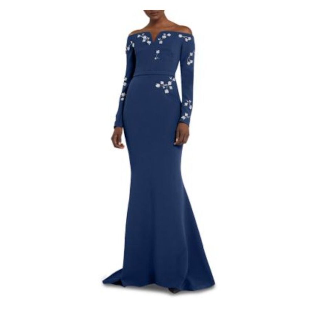 NWT SAFIYAA Womens Navy Back-close Belt Flared Skirt Long Sleeve Formal Dress 6